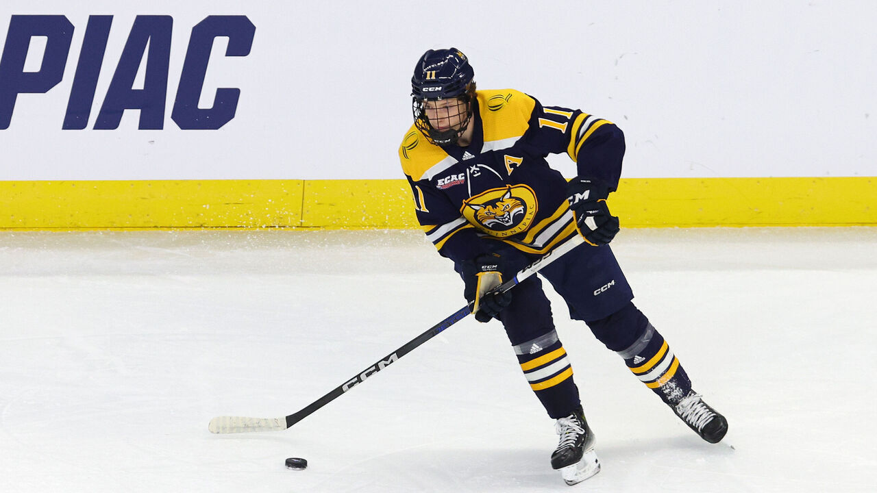 PROVIDENCE, RI - MARCH 31: Quinnipiac Bobcats forward Collin Graf (11) skates with the puck during the Quinnipiac Bobcats game versus the Boston College Eagles in the Providence Regional final of the NCAA Division I Men's Championship on March 31, 2024, at Amica Mutual Pavilion in Providence, RI.