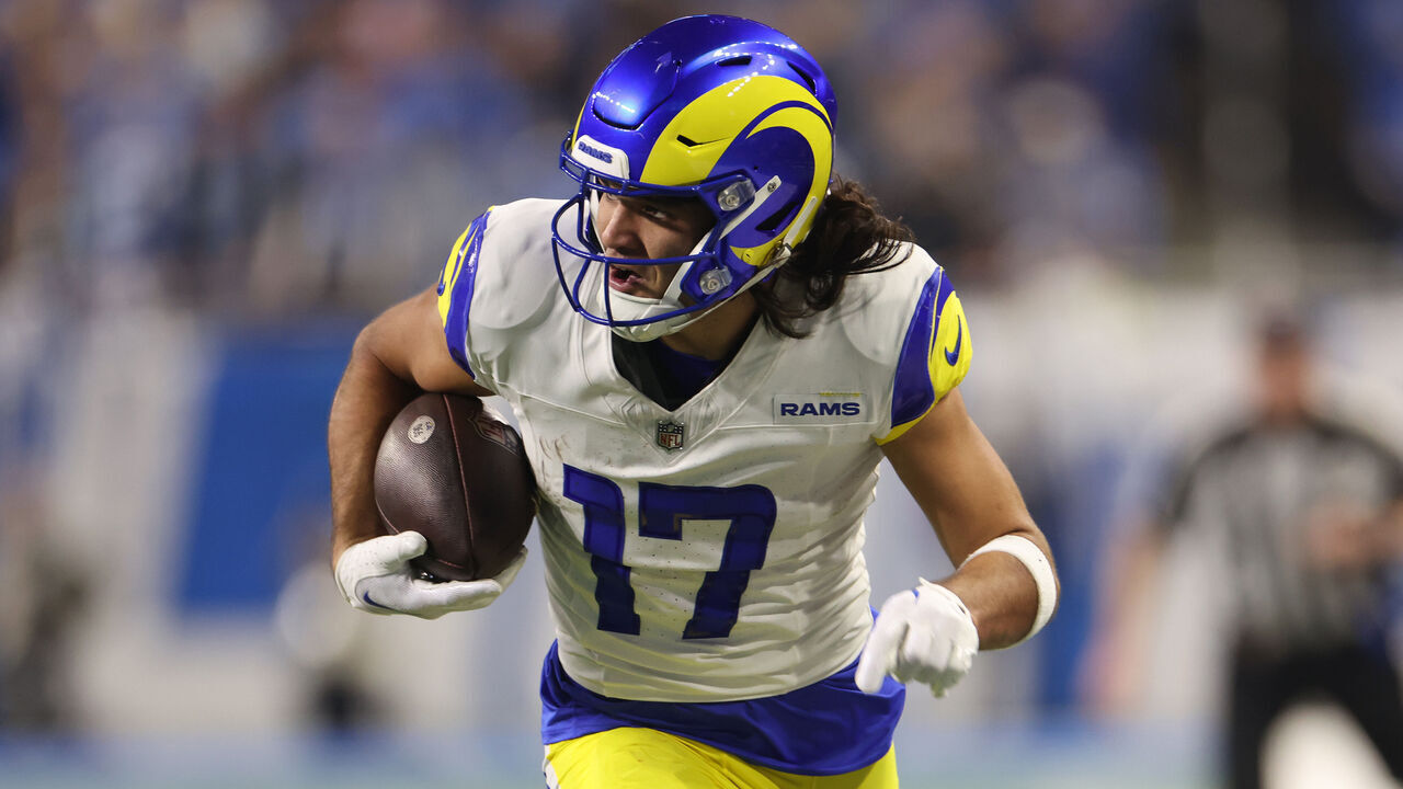 DETROIT, MICHIGAN - JANUARY 14: Puka Nacua #17 of the Los Angeles Rams plays against Detroit Lions during a NFC Wild Card Playoff game at Ford Field on January 14, 2024 in Detroit, Michigan.