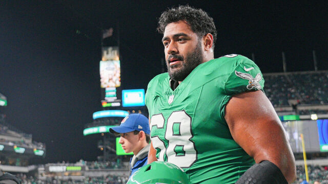 PHILADELPHIA, PA - OCTOBER 22: Philadelphia Eagles offensive tackle Jordan Mailata (68) looks on during the game between the Miami Dolphins and the Philadelphia Eagles on October 22, 2023 at Lincoln Financial Field.