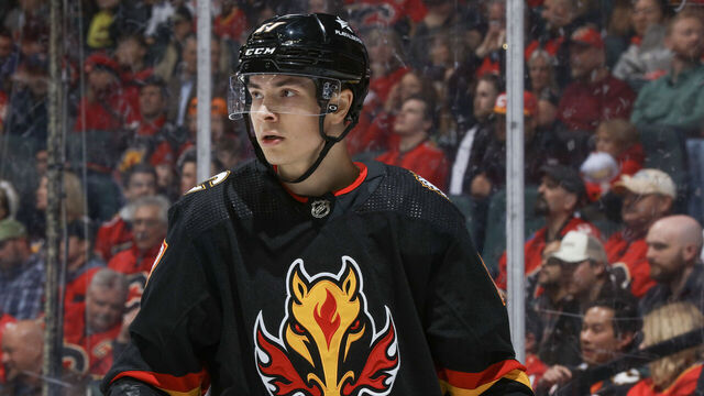 CALGARY, ALBERTA - JANUARY 27: Yegor Sharangovich #27 of the Calgary Flames skates against the Chicago Blackhawks at the Scotiabank Saddledome on January 27, 2024 in Calgary, Alberta.