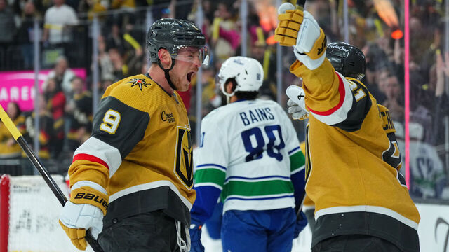 LAS VEGAS, NEVADA - APRIL 02: Jack Eichel #9 of the Vegas Golden Knights celebrates with Jonathan Marchessault #81 after a goal during the first period against the Vancouver Canucks at T-Mobile Arena on April 02, 2024 in Las Vegas, Nevada.