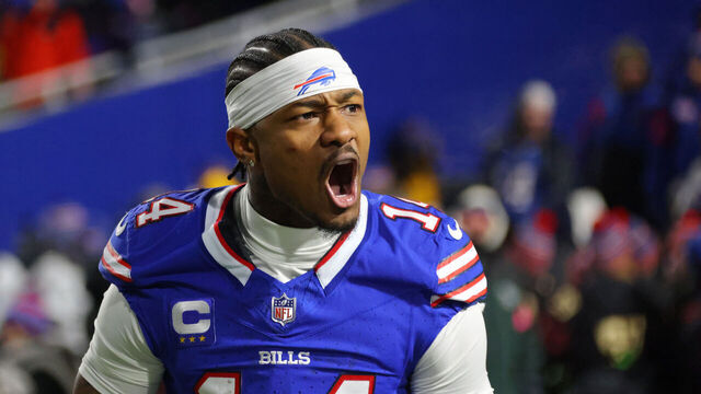 ORCHARD PARK, NEW YORK - JANUARY 21: Stefon Diggs #14 of the Buffalo Bills reacts during the AFC Divisional Playoff game against the Kansas City Chiefs at Highmark Stadium on January 21, 2024 in Orchard Park, New York.