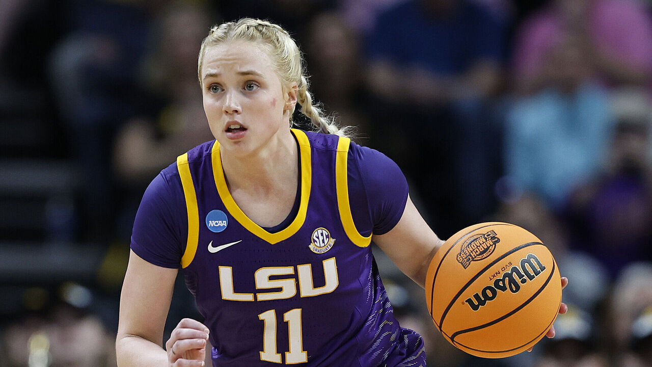 ALBANY, NEW YORK - APRIL 01: Hailey Van Lith #11 of the LSU Tigers dribbles during the second half against the Iowa Hawkeyes in the Elite 8 round of the NCAA Women's Basketball Tournament at MVP Arena on April 01, 2024 in Albany, New York.
