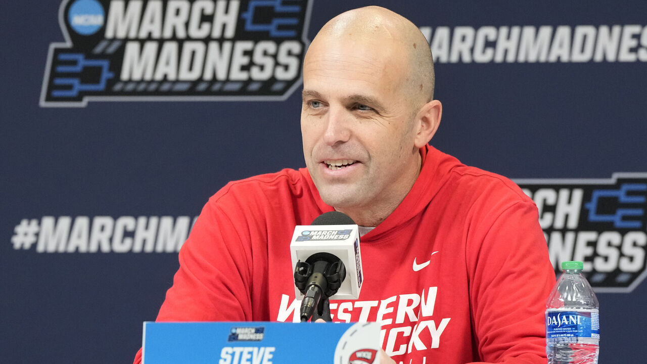 INDIANAPOLIS, IN - MARCH 21: Head coach Steve Lutz of the Western Kentucky Hilltoppers address the media during NCAA Men's Basketball Tournament - Practice Day at Gainbridge Fieldhouse on March 21, 2024 in Indianapolis, Indiana.