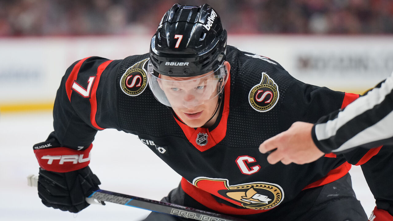 OTTAWA, CANADA - MARCH 24: Brady Tkachuk #7 of the Ottawa Senators prepares for a faceoff against the Edmonton Oilers at Canadian Tire Centre on March 24, 2024 in Ottawa, Ontario, Canada.