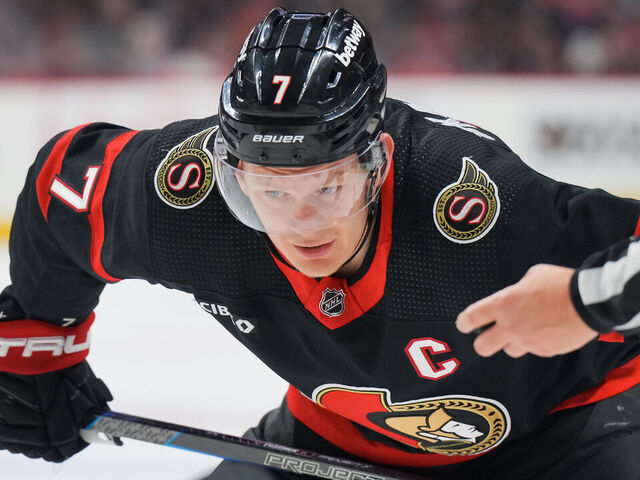 OTTAWA, CANADA - MARCH 24: Brady Tkachuk #7 of the Ottawa Senators prepares for a faceoff against the Edmonton Oilers at Canadian Tire Centre on March 24, 2024 in Ottawa, Ontario, Canada.