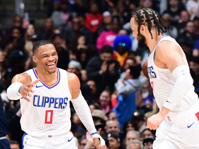 LOS ANGELES, CA - APRIL 4: Russell Westbrook #0 of the LA Clippers smiles during the game against the Denver Nuggets on April 4, 2024 at Crypto.Com Arena in Los Angeles, California. NOTE TO USER: User expressly acknowledges and agrees that, by downloading and/or using this Photograph, user is consenting to the terms and conditions of the Getty Images License Agreement. Mandatory Copyright Notice: Copyright 2024 NBAE