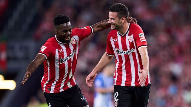 BILBAO, SPAIN - MARCH 16: Gorka Guruzeta of Athletic Club celebrates scoring his team's second goal with teammate Inaki Williams of Athletic Club during the LaLiga EA Sports match between Athletic Bilbao and Deportivo Alaves at Estadio de San Mames on March 16, 2024 in Bilbao, Spain.