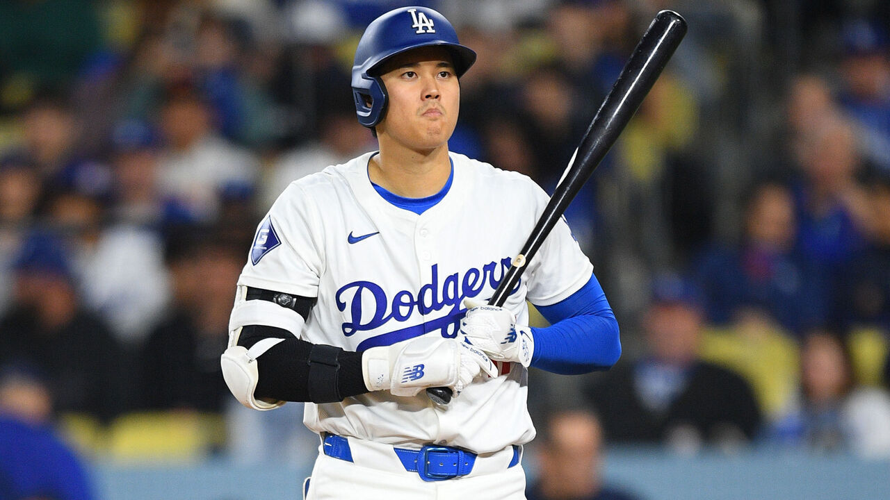 LOS ANGELES, CA - APRIL 02: Los Angeles Dodgers designated hitter Shohei Ohtani (17) reacts to a strike call during the MLB game between the San Francisco Giants and the Los Angeles Dodgers on April 2, 2024 at Dodger Stadium in Los Angeles, CA.