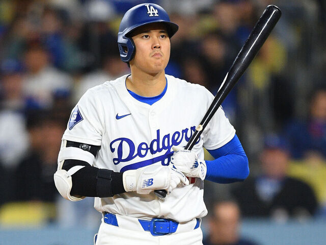 LOS ANGELES, CA - APRIL 02: Los Angeles Dodgers designated hitter Shohei Ohtani (17) reacts to a strike call during the MLB game between the San Francisco Giants and the Los Angeles Dodgers on April 2, 2024 at Dodger Stadium in Los Angeles, CA.