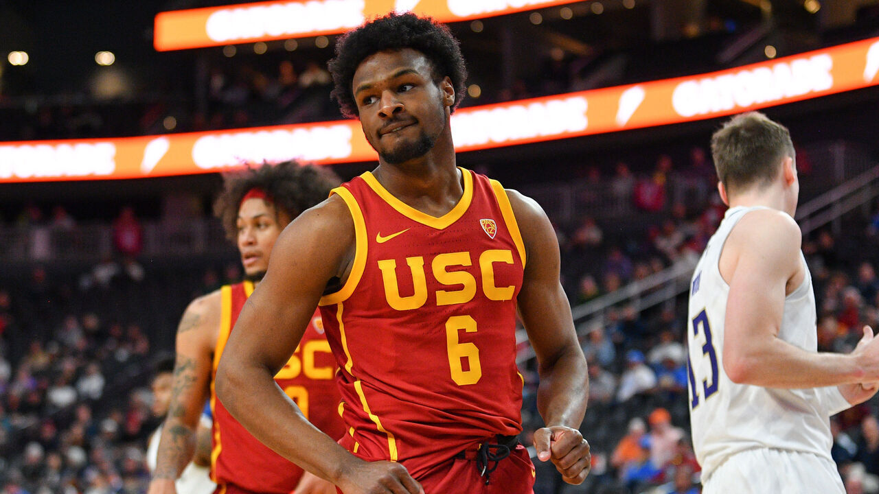 LAS VEGAS, NV - MARCH 13: USC Trojans guard Bronny James (6) looks on during the first round game of the men's Pac-12 Tournament between the USC Trojans and the Washington Huskies on March 13, 2024, at the T-Mobile Arena in Las Vegas, NV.