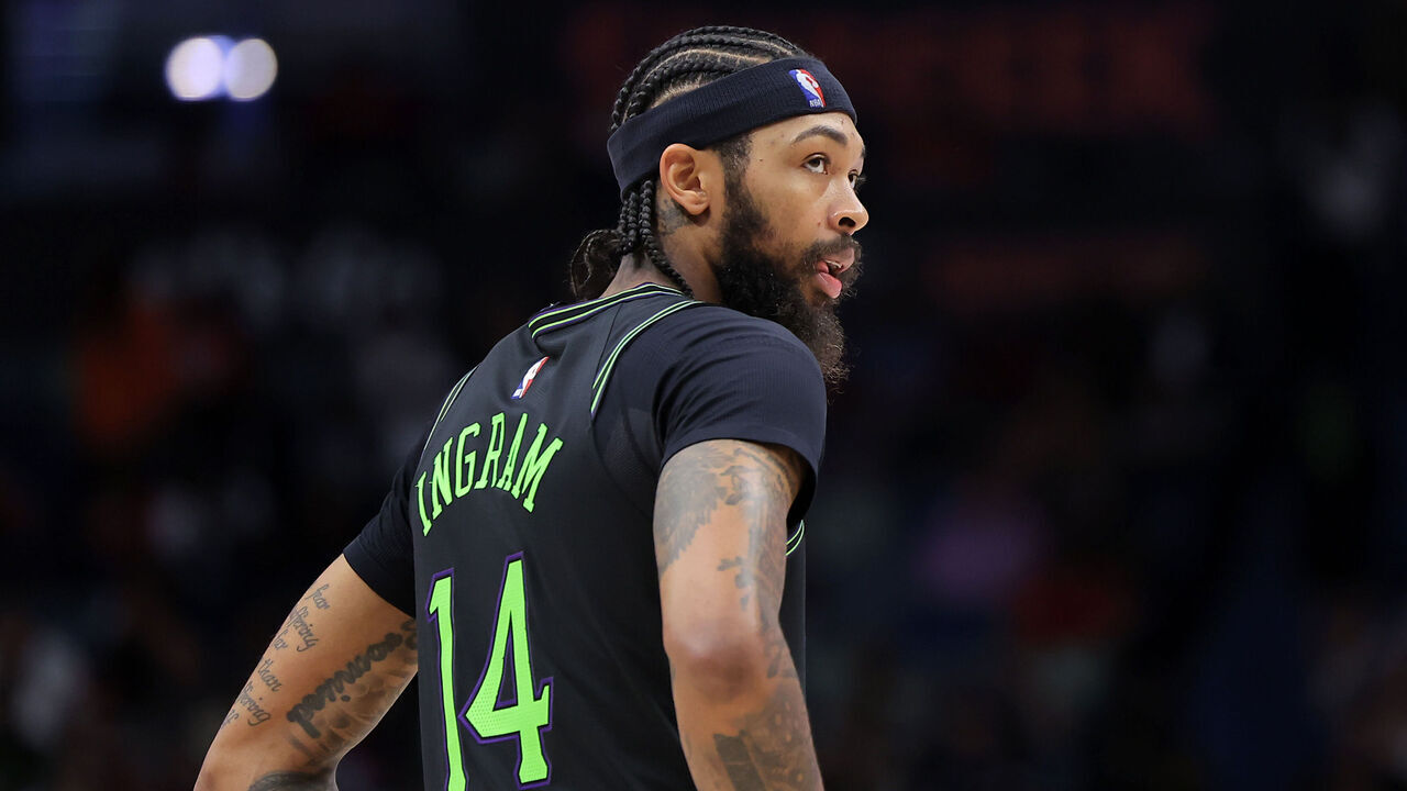 NEW ORLEANS, LOUISIANA - DECEMBER 01: Brandon Ingram #14 of the New Orleans Pelicans reacts against the San Antonio Spurs during a game at the Smoothie King Center on December 01, 2023 in New Orleans, Louisiana.