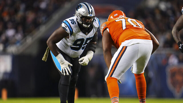 CHICAGO, IL - NOVEMBER 09: Derrick Brown #95 of the Carolina Panthers lines up during an NFL football game against the Chicago Bears at Soldier Field on November 9, 2023 in Chicago, Illinois.