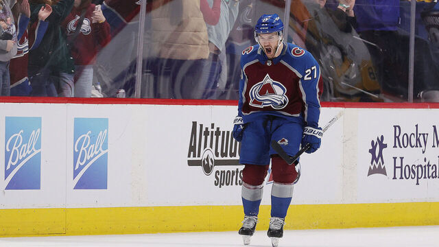 DENVER, COLORADO - MARCH 24: Jonathan Drouin #27 of the Colorado Avalanche celebrates the game-winning goal against the Pittsburgh Penguins at Ball Arena on March 24, 2024 in Denver, Colorado. The Avalanche defeated the Penguins 5-4 in overtime.