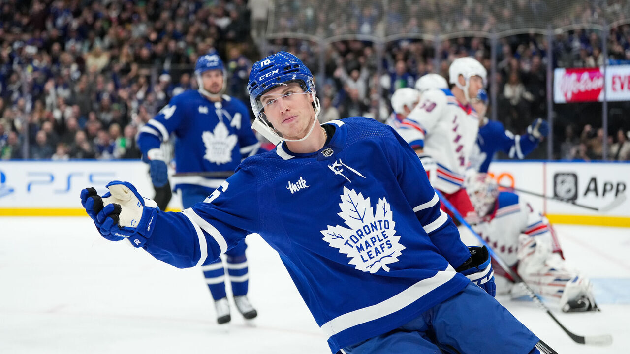 TORONTO, CANADA - MARCH 2: Mitchell Marner #16 of the Toronto Maple Leafs celebrates scoring a goal against the New York Rangers at Scotiabank Arena on March 2, 2024 in Toronto, Ontario, Canada.
