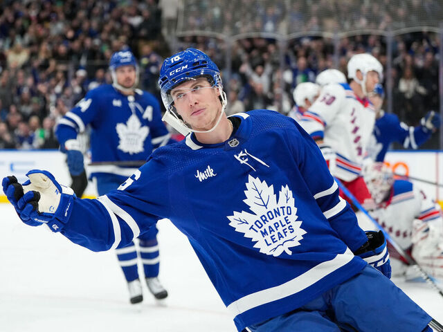TORONTO, CANADA - MARCH 2: Mitchell Marner #16 of the Toronto Maple Leafs celebrates scoring a goal against the New York Rangers at Scotiabank Arena on March 2, 2024 in Toronto, Ontario, Canada.
