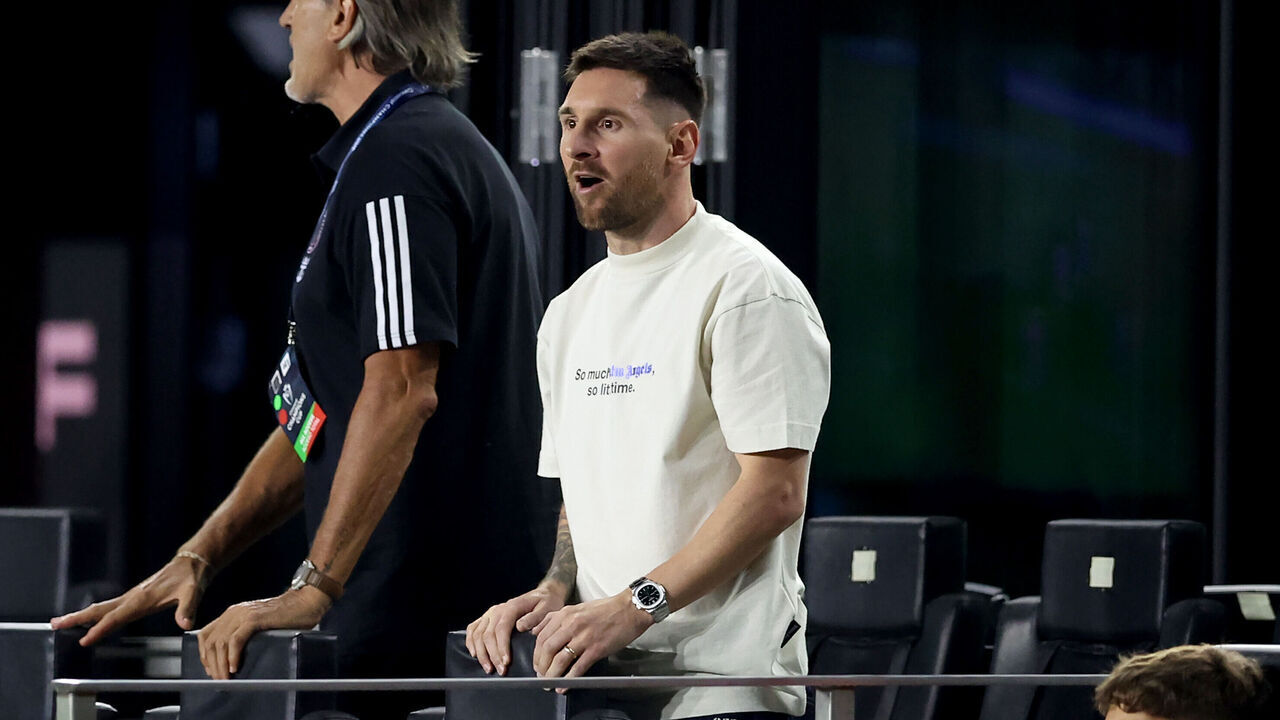 FORT LAUDERDALE, FLORIDA - APRIL 03: Lionel Messi #10 of Inter Miami looks on from the sidelines during the second half in the game against Monterrey in the quarterfinals of the Concacaf Champions Cup - Leg One at Chase Stadium on April 03, 2024 in Fort Lauderdale, Florida.