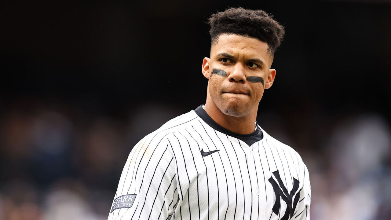 NEW YORK, NEW YORK - APRIL 05: Juan Soto #22 of the New York Yankees reacts after striking out during the eighth inning of the game against the Toronto Blue Jays during the home opener at Yankee Stadium on April 05, 2024 in New York City.