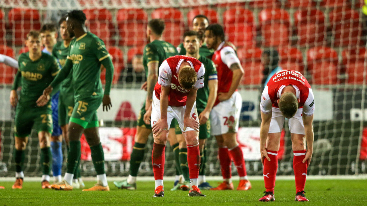 Rotherham United appear dejected after defeat which results in relegation from the league after the final whistle in the Sky Bet Championship match at the AESSEAL New York Stadium, Rotherham. Picture date: Friday April 5, 2024.