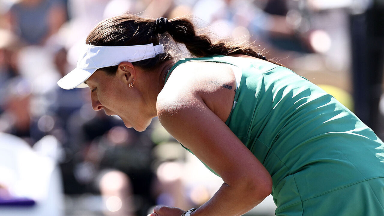 CHARLESTON, SOUTH CAROLINA - APRIL 05: Jessica Pegula of the United States celebrates a point in the third set against Victoria Azarenka during Day 5 of the WTA 500 Credit One Charleston Open at Credit One Stadium on April 05, 2024 in Charleston, South Carolina.