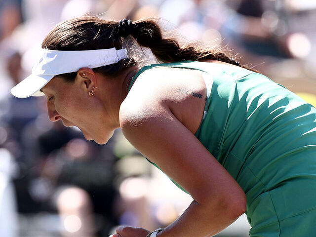 CHARLESTON, SOUTH CAROLINA - APRIL 05: Jessica Pegula of the United States celebrates a point in the third set against Victoria Azarenka during Day 5 of the WTA 500 Credit One Charleston Open at Credit One Stadium on April 05, 2024 in Charleston, South Carolina.