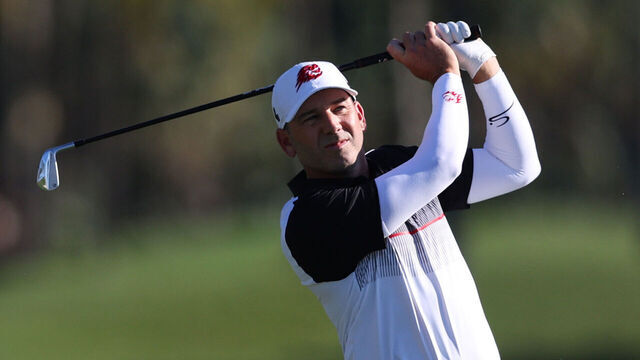 DORAL, FLORIDA - APRIL 05: Captain Sergio Garcia of Fireballs GC plays a shot on the second hole during day one of the LIV Golf Invitational - Miami at Trump National Doral Miami on April 05, 2024 in Doral, Florida.