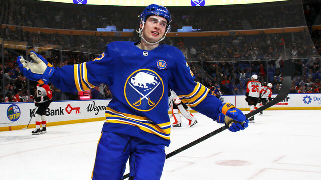 BUFFALO, NEW YORK - APRIL 5: Jack Quinn #22 of the Buffalo Sabres celebrates his late second period goal against the Philadelphia Flyers during an NHL game on April 5, 2024 at KeyBank Center in Buffalo, New York.