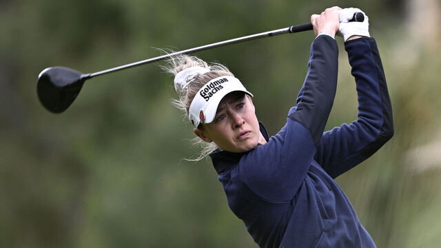 LAS VEGAS, NEVADA - APRIL 05: Nelly Korda of the United States tees off on the 14th hole on day three of the T-Mobile Match Play presented by MGM Rewards at Shadow Creek at Shadow Creek Golf Course on April 05, 2024 in Las Vegas, Nevada.