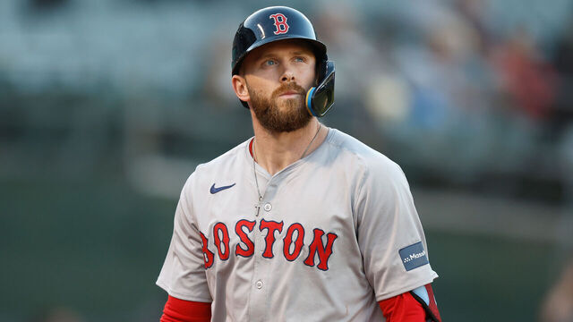 OAKLAND, CALIFORNIA - APRIL 01: Trevor Story #10 of the Boston Red Sox looks on after an at bat against the Oakland Athletics at Oakland Coliseum on April 01, 2024 in Oakland, California.