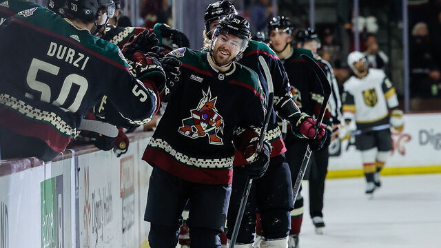TEMPE, AZ - APRIL 05: Arizona Coyotes left wing Michael Carcone (53) celebrates a goal with teammates during the NHL hockey game between the Vegas Golden Knights and the Arizona Coyotes on April 5, 2024 at Mullet Arena in Tempe, Arizona.