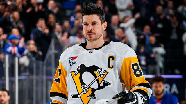 NEW YORK, NEW YORK - APRIL 01: Sidney Crosby #87 of the Pittsburgh Penguins looks on during the national anthem prior to the game against the New York Rangers at Madison Square Garden on April 1, 2024 in New York City.