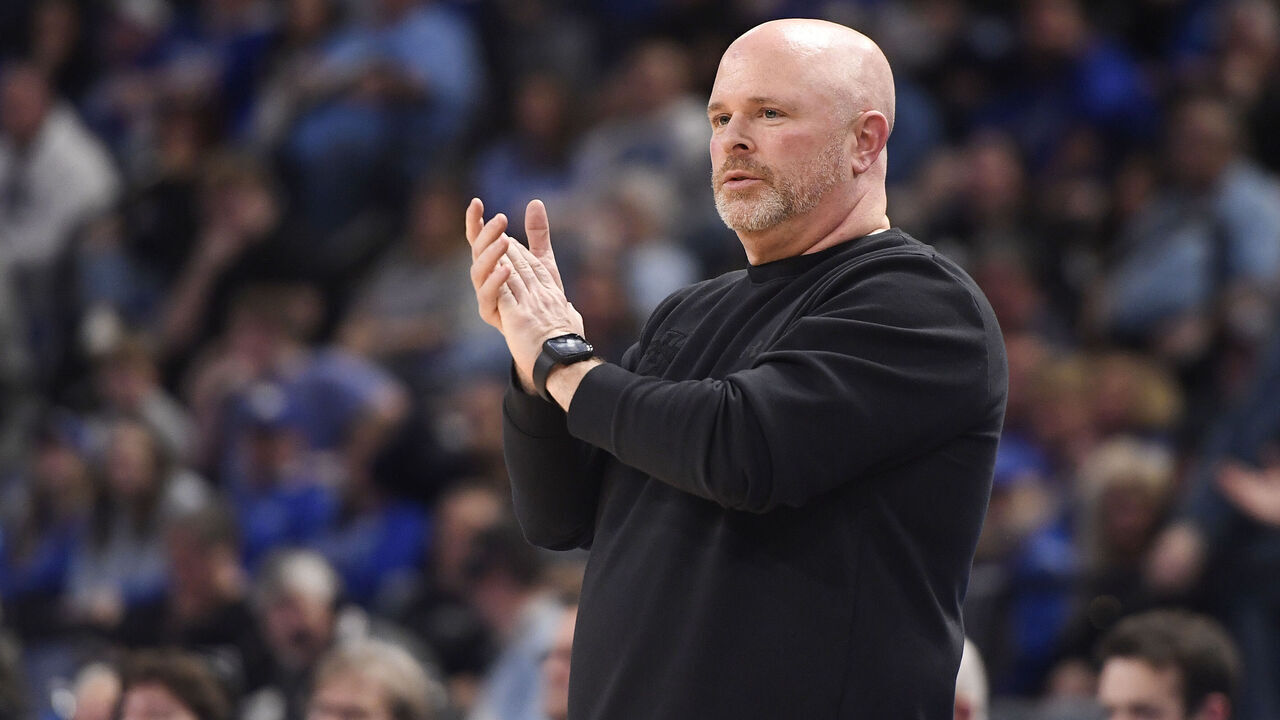 TERRE HAUTE, IN - FEBRUARY 03: Indiana State Sycamores Head Coach Josh Schertz claps during the college basketball game between the Drake Bulldogs and the Indiana State Sycamores on February 3, 2024, at the Hulman Center in Terre Haute, Indiana.