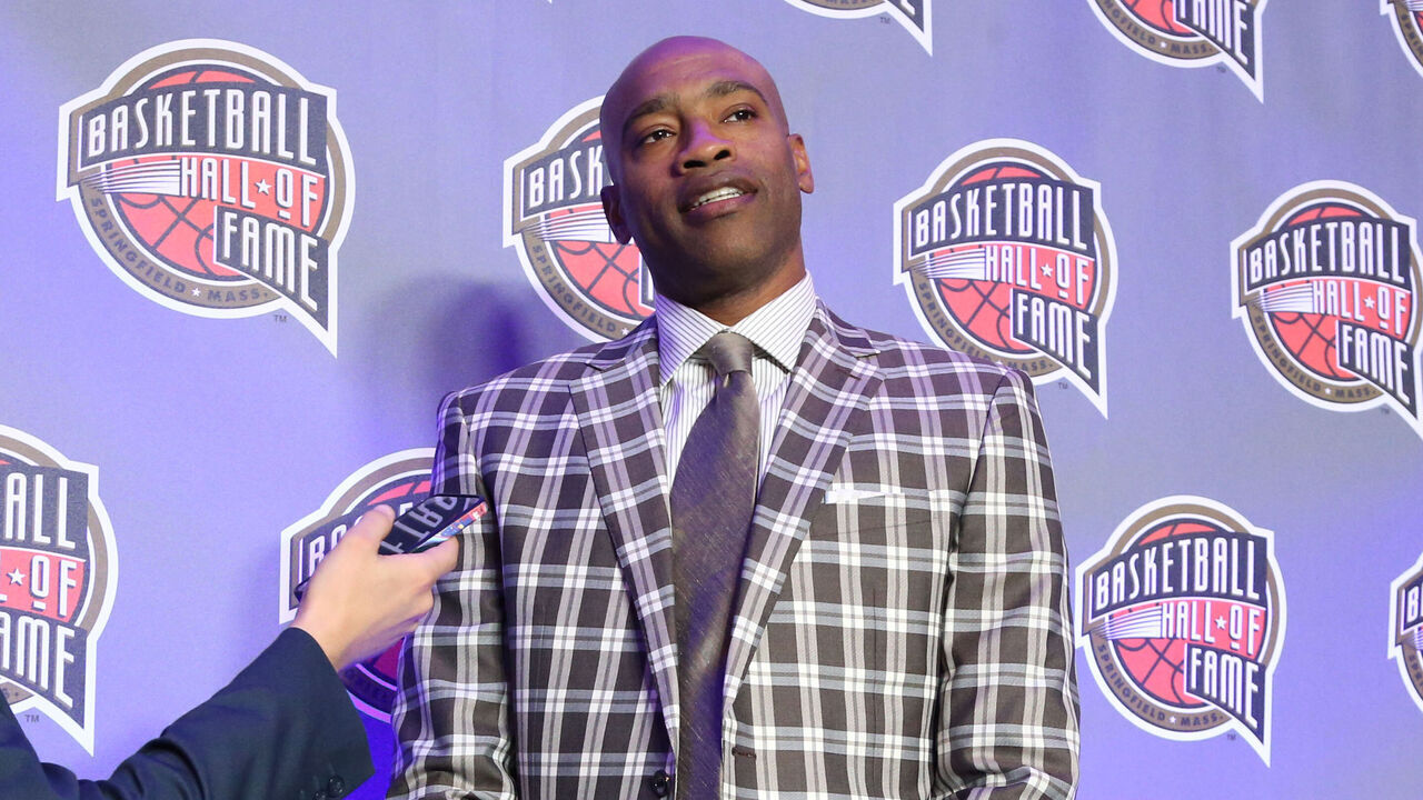 INDIANAPOLIS, IN - FEBRUARY 16: Vince Carter speaks to the media during the Hall of Fame Press Conference as part of NBA All-Star Weekend on Friday, February 16, 2024 at Lucas Oil Stadium in Indianapolis, Indiana. NOTE TO USER: User expressly acknowledges and agrees that, by downloading and/or using this Photograph, user is consenting to the terms and conditions of the Getty Images License Agreement. Mandatory Copyright Notice: Copyright 2024 NBAE