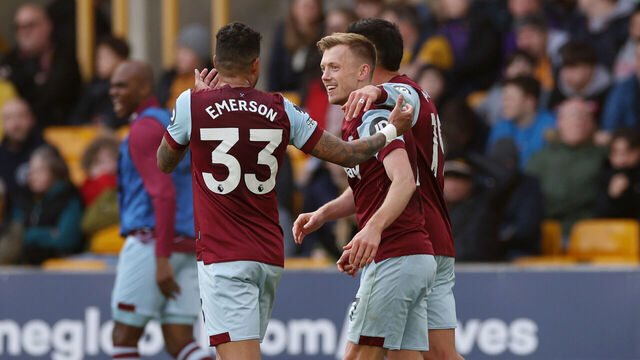 WOLVERHAMPTON, ENGLAND - APRIL 06: James Ward-Prowse of West Ham United celebrates scoring his team's second goal direct from a corner kick with teammates during the Premier League match between Wolverhampton Wanderers and West Ham United at Molineux on April 06, 2024 in Wolverhampton, England.