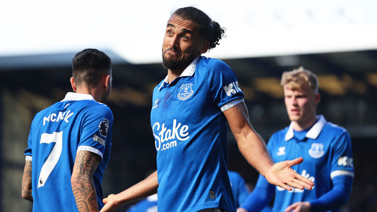LIVERPOOL, ENGLAND - APRIL 06: Dominic Calvert-Lewin of Everton celebrates scoring his team's first goal during the Premier League match between Everton FC and Burnley FC at Goodison Park on April 06, 2024 in Liverpool, England.