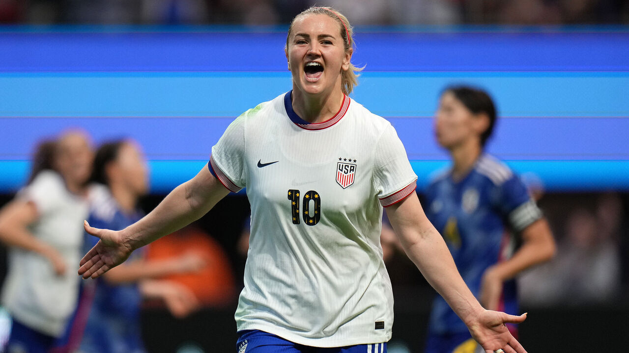 ATLANTA, GEORGIA - APRIL 06: Lindsey Horan #10 of the United States celebrates scoring during the second half against Japan in the 2024 SheBelieves Cup at Mercedes-Benz Stadium on April 06, 2024 in Atlanta, Georgia.