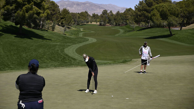 LAS VEGAS, NEVADA - APRIL 06: Nelly Korda of the United States putts on the 16th green to win her quarterfinal match against Angel Yin of the United States 3&2 on day four of the T-Mobile Match Play presented by MGM Rewards at Shadow Creek Golf Course on April 06, 2024 in Las Vegas, Nevada.