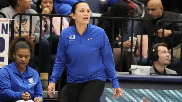 WASHINGTON, DC - JANUARY 20: Head coach Rebecca Tillett of the St. Louis Billikens looks on during a womens college basketball game against the George Washington Revolutionaries at the Smith Bender on January 20, 2024 in Washington, DC.