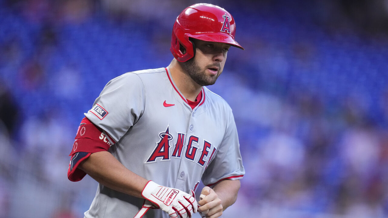 MIAMI, FLORIDA - APRIL 02: Nolan Schanuel #18 of the Los Angeles Angels looks on during a game against the Miami Marlins at loanDepot park on April 02, 2024 in Miami, Florida.
