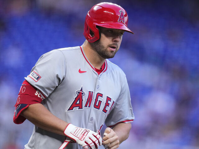 MIAMI, FLORIDA - APRIL 02: Nolan Schanuel #18 of the Los Angeles Angels looks on during a game against the Miami Marlins at loanDepot park on April 02, 2024 in Miami, Florida.