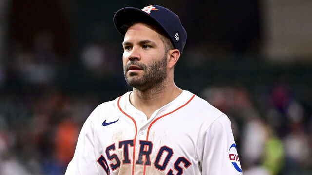 HOUSTON, TEXAS - APRIL 03: Jose Altuve #27 of the Houston Astros looks on against the Toronto Blue Jays at Minute Maid Park on April 03, 2024 in Houston, Texas.