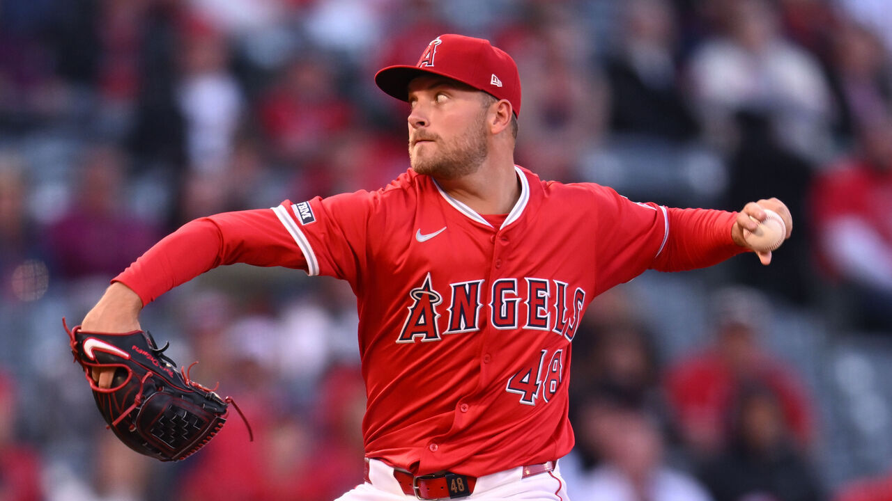 ANAHEIM, CALIFORNIA - APRIL 6: Reid Detmers #48 of the Los Angeles Angels pitches against the Boston Red Sox in the first inning of a Major League Baseball game at Angel Stadium of Anaheim on April 6, 2024 in Anaheim, California.