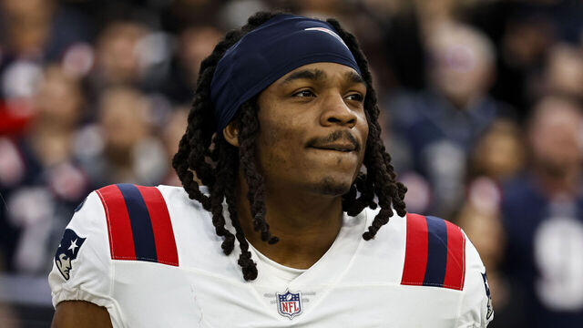 LAS VEGAS, NEVADA - DECEMBER 18: Kyle Dugger #23 of the New England Patriots looks on during the national anthem prior to an NFL football game between the Las Vegas Raiders and the New England Patriots at Allegiant Stadium on December 18, 2022 in Las Vegas, Nevada.