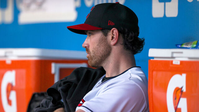 CLEVELAND, OH - MAY 26: Cleveland Guardians starting pitcher Shane Bieber (57) in the dugout during the fifth inning of the Major League Baseball Interleague game between the St. Louis Cardinals and Cleveland Guardians on May 26, 2023, at Progressive Field in Cleveland, OH.