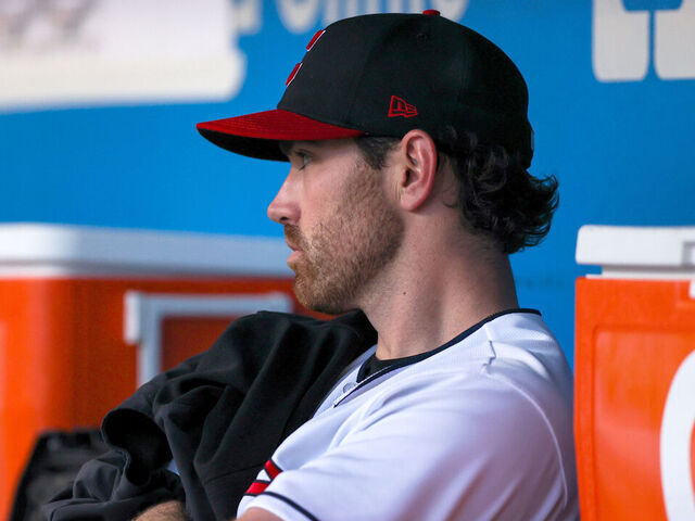 CLEVELAND, OH - MAY 26: Cleveland Guardians starting pitcher Shane Bieber (57) in the dugout during the fifth inning of the Major League Baseball Interleague game between the St. Louis Cardinals and Cleveland Guardians on May 26, 2023, at Progressive Field in Cleveland, OH.