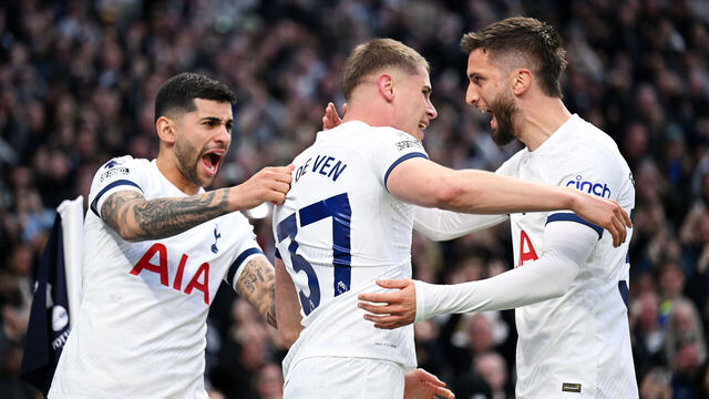 LONDON, ENGLAND - APRIL 07: Micky van de Ven of Tottenham Hotspur celebrates scoring his team's third goal with teammates during the Premier League match between Tottenham Hotspur and Nottingham Forest at Tottenham Hotspur Stadium on April 07, 2024 in London, England.