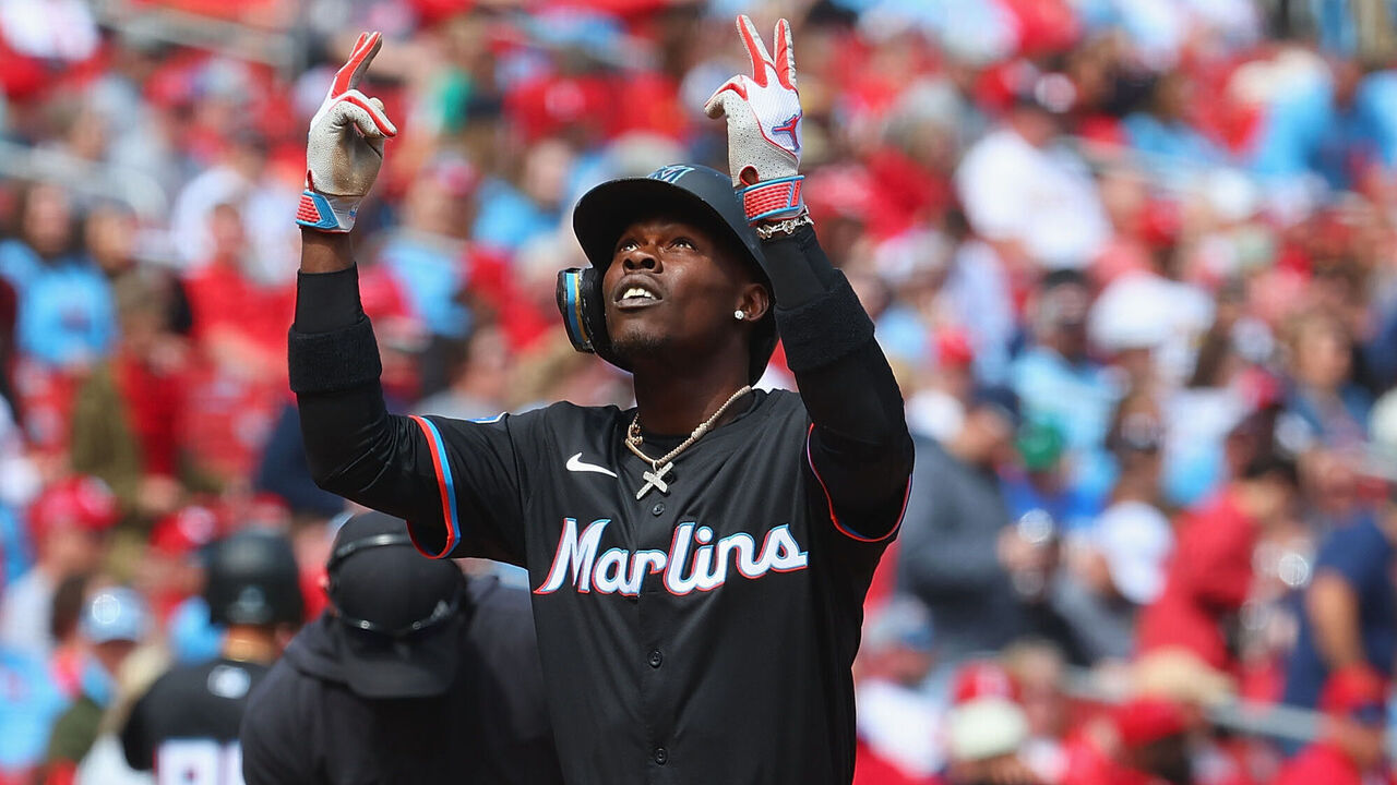 ST LOUIS, MISSOURI - APRIL 7: Jazz Chisholm Jr. #2 of the Miami Marlins celebrates after hitting a three-run home run against the St. Louis Cardinals in the first inning Busch Stadium on April 7, 2024 in St Louis, Missouri.