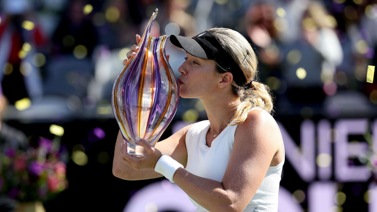 CHARLESTON, SOUTH CAROLINA - APRIL 07: Danielle Collins of the United States celebrates her win after the singles final against Daria Kasatkina on the final day of the WTA 500 Credit One Charleston Open at Credit One Stadium on April 07, 2024 in Charleston, South Carolina. Collins defeated Daria Kasatkina 6-2,6-1.