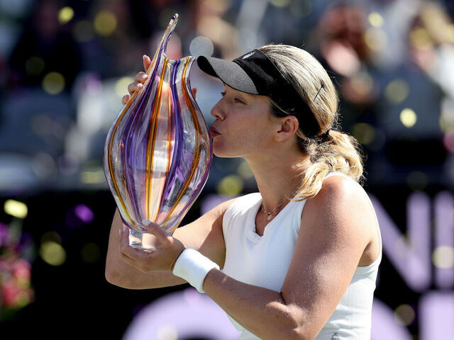 CHARLESTON, SOUTH CAROLINA - APRIL 07: Danielle Collins of the United States celebrates her win after the singles final against Daria Kasatkina on the final day of the WTA 500 Credit One Charleston Open at Credit One Stadium on April 07, 2024 in Charleston, South Carolina. Collins defeated Daria Kasatkina 6-2,6-1.