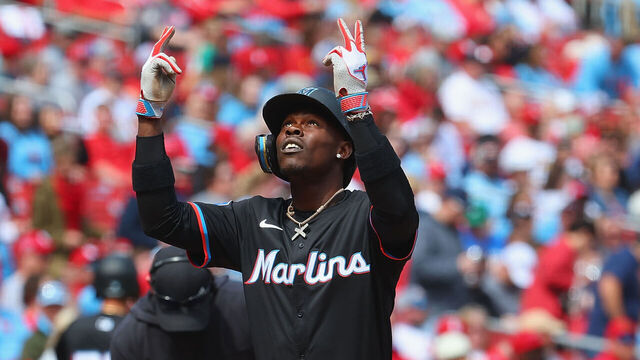 ST LOUIS, MISSOURI - APRIL 7: Jazz Chisholm Jr. #2 of the Miami Marlins celebrates after hitting a three-run home run against the St. Louis Cardinals in the first inning Busch Stadium on April 7, 2024 in St Louis, Missouri.